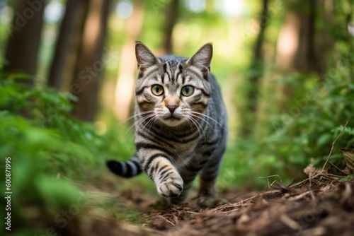 Headshot portrait photography of a curious american shorthair cat sprinting against a forest background. With generative AI technology