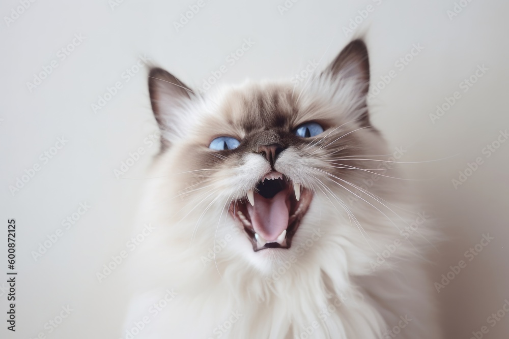 Group portrait photography of a happy ragdoll cat meowing against a minimalist or empty room background. With generative AI technology