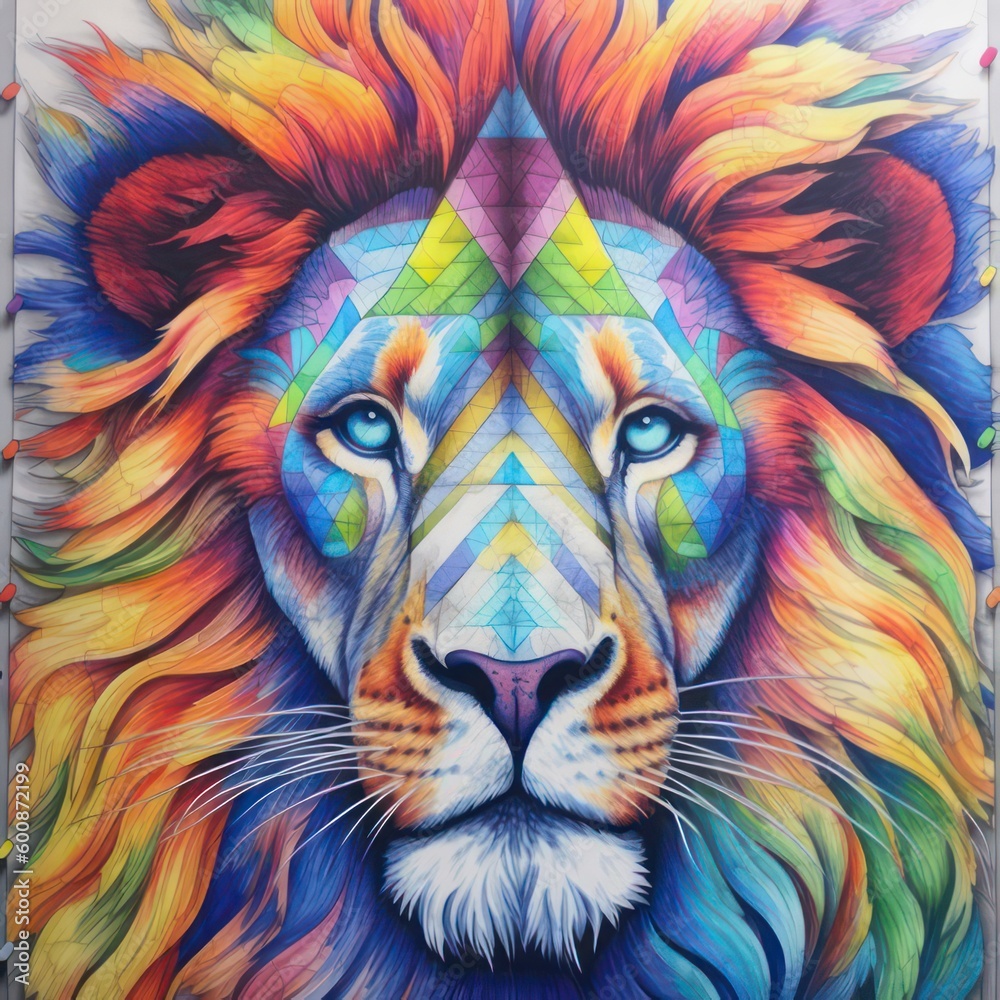 Picture of a lions head with colorful pattern created with Generative AI