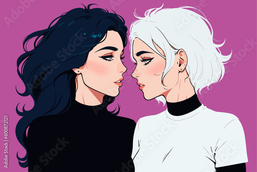 Lesbian woman couple in love. Cartoon style vector illustration.