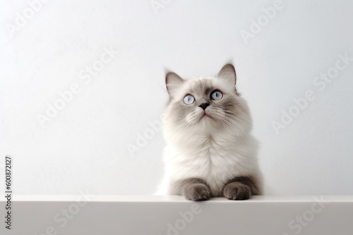 Medium shot portrait photography of a smiling ragdoll cat wall climbing against a minimalist or empty room background. With generative AI technology