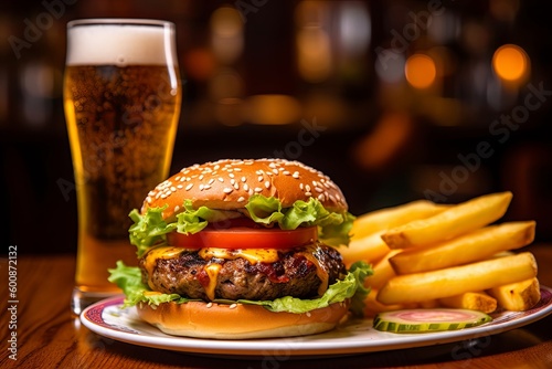 Handmade Hamburger and beer at the bar, close up angle