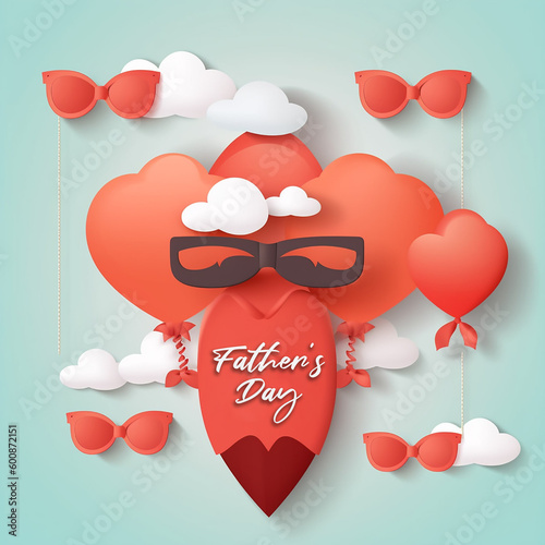 Happy Father's Day greeting card, banner, poster design with flying origami hearts over clouds with air balloons, paper mustache, glasses and bow tie generated.Ai photo