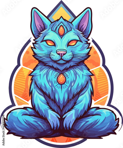 Meditating cat sticker. Isolated vector illustration of anthropomorphic yogi kitten in colorful psychedelic cartoon style
