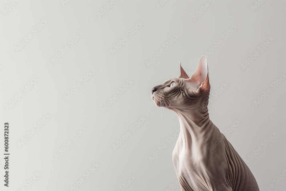 Lifestyle portrait photography of a curious sphynx cat back-arching against a minimalist or empty room background. With generative AI technology
