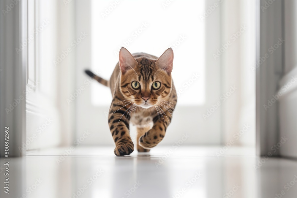 Lifestyle portrait photography of an angry bengal cat pouncing against a minimalist or empty room background. With generative AI technology