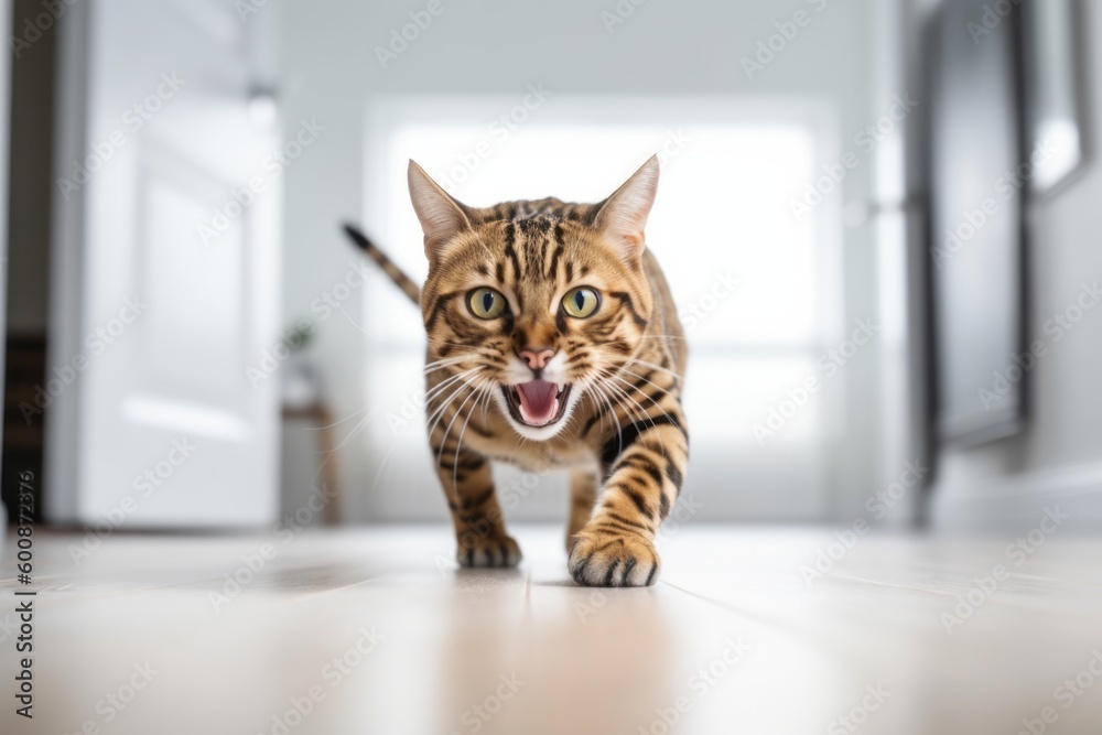 Lifestyle portrait photography of an angry bengal cat pouncing against