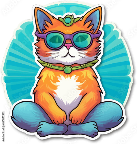 Meditating cat sticker. Isolated vector illustration of anthropomorphic yogi kitten in colorful psychedelic cartoon style
