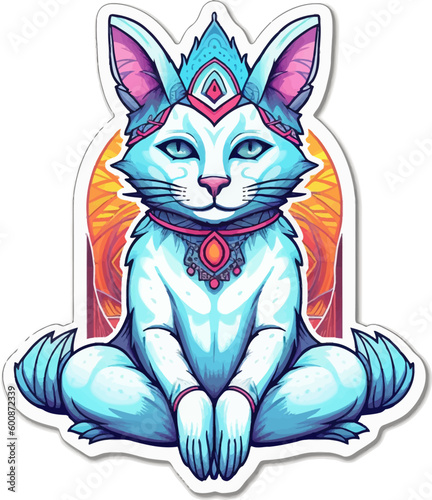 Meditating cat sticker. Isolated vector illustration of anthropomorphic yogi kitten in colorful psychedelic cartoon style