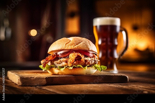 Handmade Hamburger and beer at the bar, close up angle