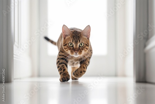 Lifestyle portrait photography of an angry bengal cat pouncing against a minimalist or empty room background. With generative AI technology