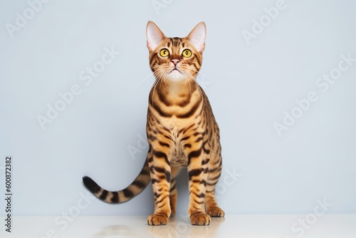Full-length portrait photography of a smiling bengal cat growling against a minimalist or empty room background. With generative AI technology © Markus Schröder