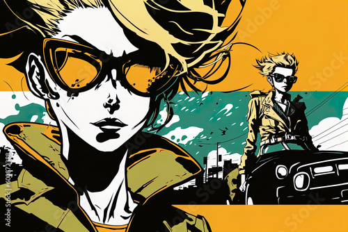 Extreme traveler woman in dystopia linear flat illustration, woman in sunglasses on yellow background, woman adventurer, generative ai