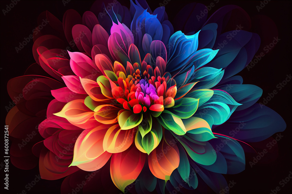 fantastic colorful glowing flower on black background. Generative AI fantastic colorful glowing flower on black background. Generative AI