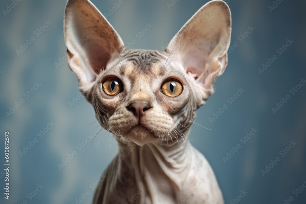 Headshot portrait photography of a scared devon rex cat scratching against a minimalist or empty room background. With generative AI technology