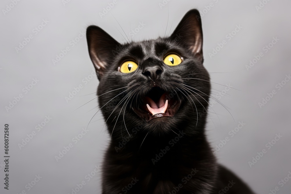 Group portrait photography of a happy bombay cat begging for food against a minimalist or empty room background. With generative AI technology