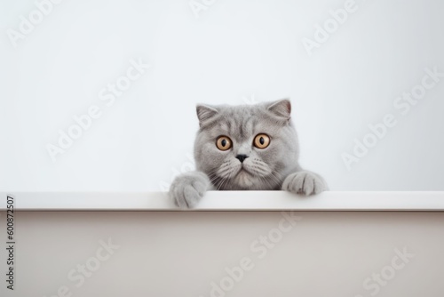 Group portrait photography of a curious scottish fold cat climbing against a minimalist or empty room background. With generative AI technology