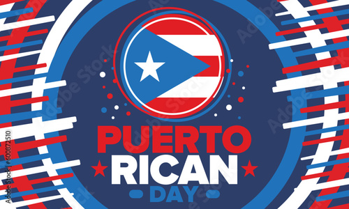 Puerto Rican Day. National happy holiday. Festival and parade in honor of independence and freedom. Puerto Rico flag. Latin american country. Patriotic elements. Vector poster illustration