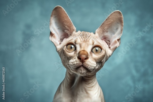 Headshot portrait photography of a scared devon rex cat scratching against a minimalist or empty room background. With generative AI technology
