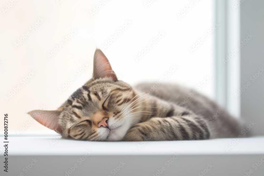 Medium shot portrait photography of a happy american shorthair cat sleeping against a minimalist or empty room background. With generative AI technology