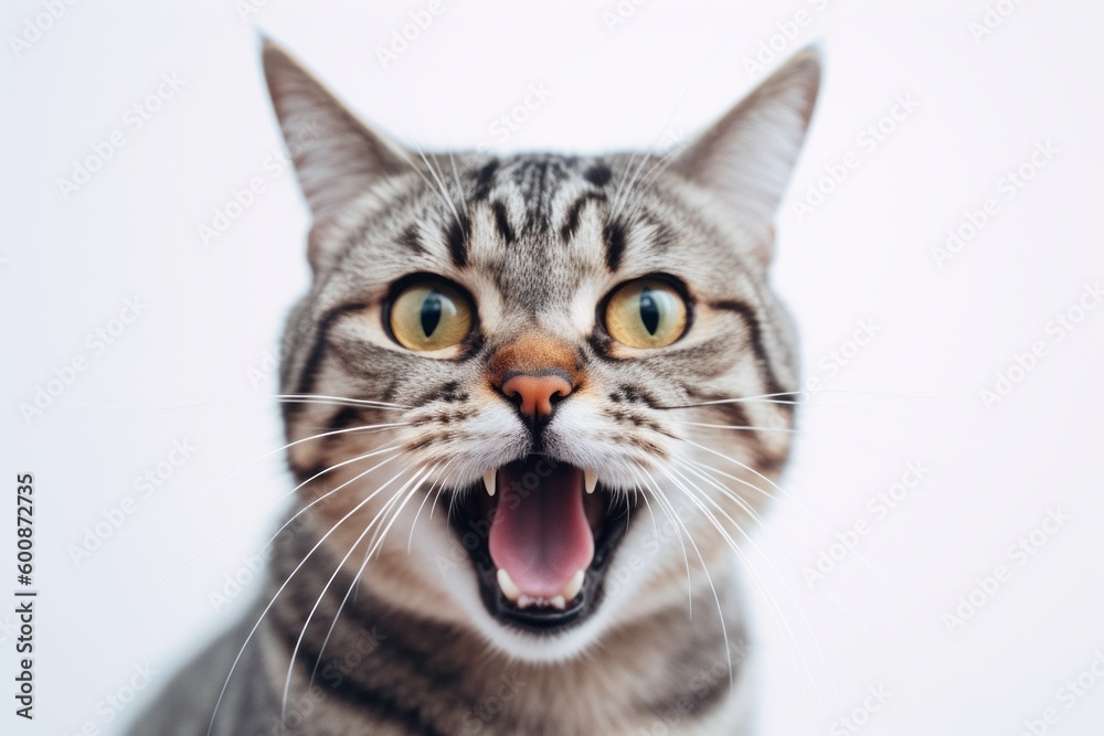 Headshot portrait photography of an angry american shorthair cat begging for food against a minimalist or empty room background. With generative AI technology Headshot portrait photography of an angry american shorthair cat begging for food against a minimalist or empty room background. With generative AI technology
