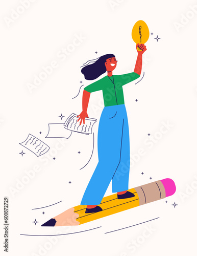 Woman flying on big pencil. Happy female character holding idea bulb. Creating, business success, startup concept. Educational process. Modern flat vector illustration