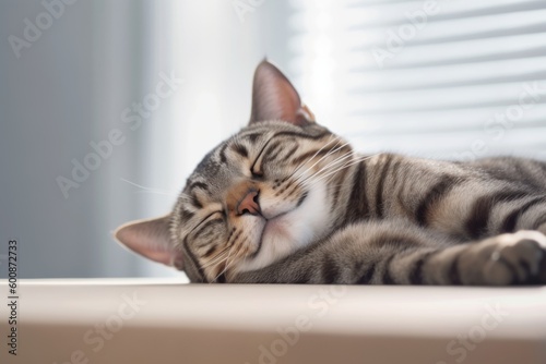 Environmental portrait photography of a smiling american shorthair cat sleeping against a minimalist or empty room background. With generative AI technology