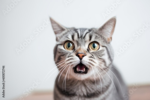 Headshot portrait photography of an angry american shorthair cat begging for food against a minimalist or empty room background. With generative AI technology © Markus Schröder