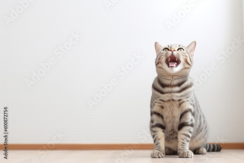 Fotobehang Lifestyle portrait photography of a happy american shorthair cat begging for food against a minimalist or empty room background