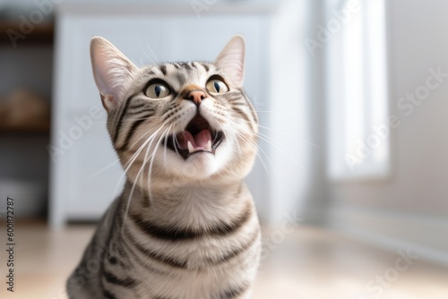 Lifestyle portrait photography of a happy american shorthair cat begging for food against a minimalist or empty room background. With generative AI technology © Markus Schröder