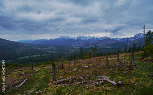 Panorama of snowy Tatra mountains in spring, south Poland