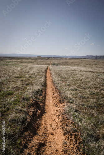 View of dirt mountain bike trail centered in frame through green grassy flat plains in western Colorado near Fruita on spring sunny day photo
