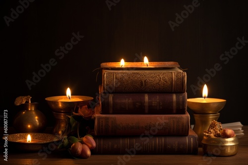 Lit candles surrounded by books on Ayurveda, ancient scriptures and panchakarma rejuvenation therapy. Set a sacred, meditative mood focusing on Ayurvedic spiritual wellness. Generative AI