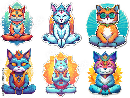 Set of meditating cat stickers. Collage of isolated vector illustrations of anthropomorphic yogi kittens colorful psychedelic cartoon style