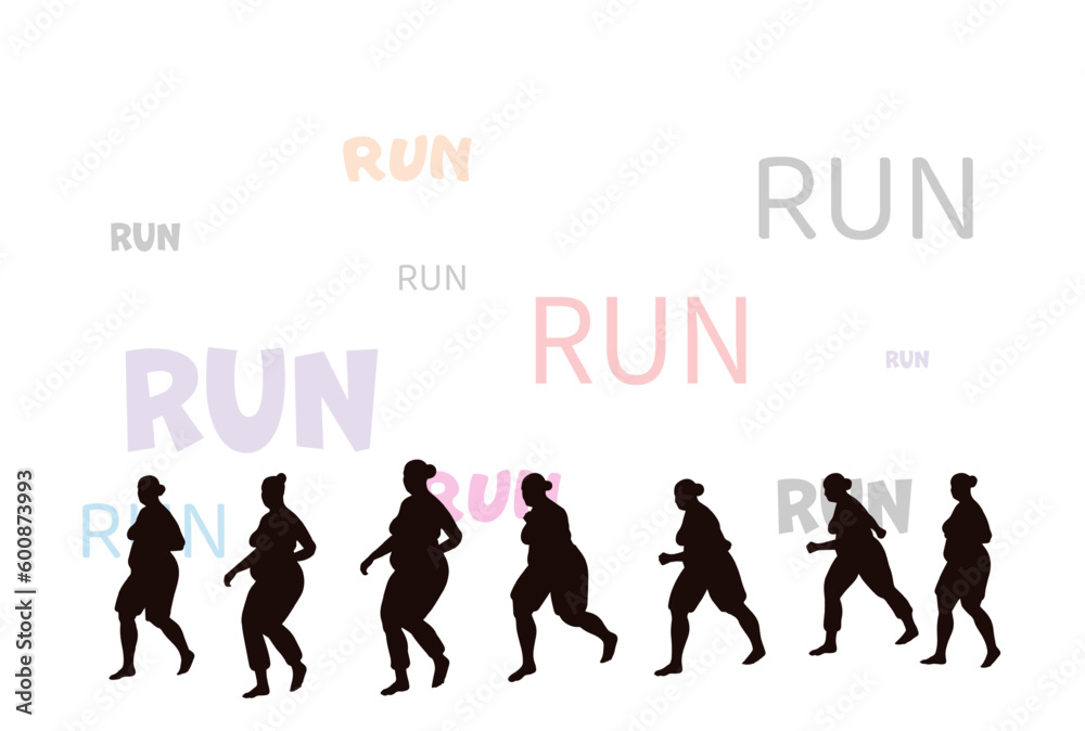 The silhouettes of women running in the background with the word 'Run'