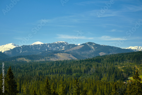 Panorama of snowy Tatra mountains in spring, south Poland