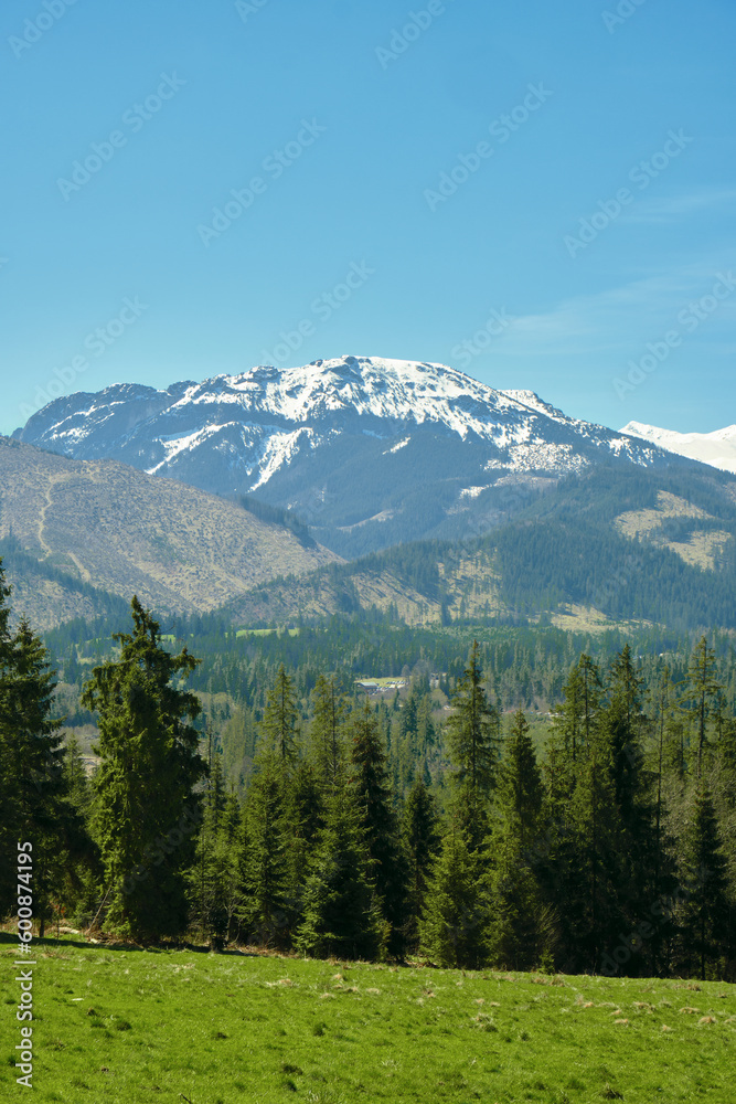 Panorama of snowy Tatra mountains in spring, south Poland