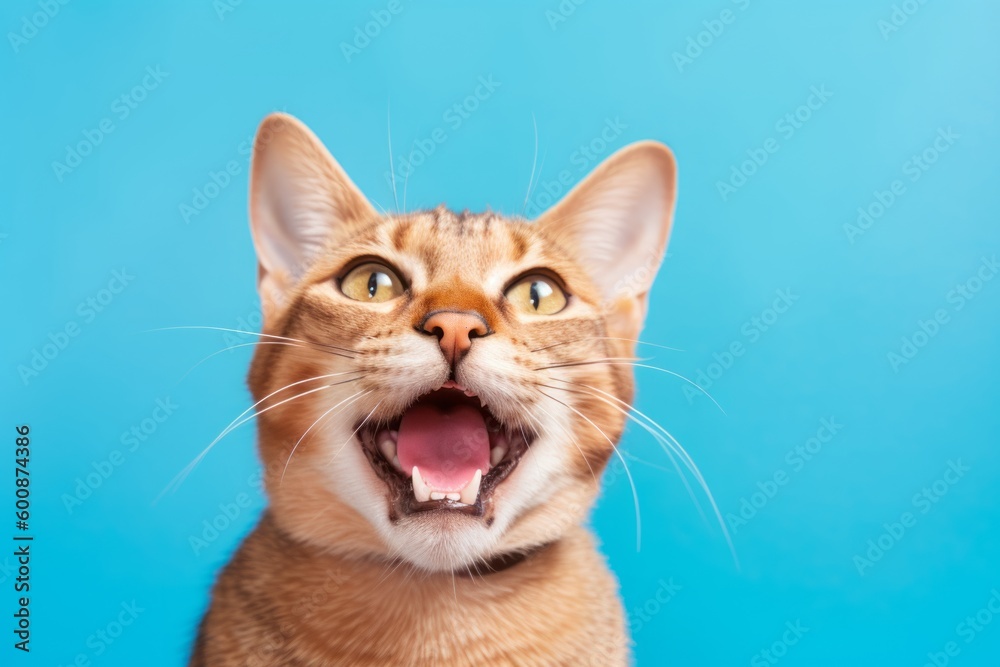 Environmental portrait photography of a smiling abyssinian cat meowing against a pastel or soft colors background. With generative AI technology Environmental portrait photography of a smiling abyssinian cat meowing against a pastel or soft colors background. With generative AI technology