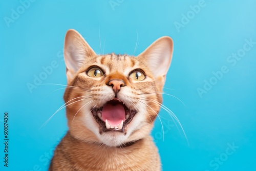 Environmental portrait photography of a smiling abyssinian cat meowing against a pastel or soft colors background. With generative AI technology