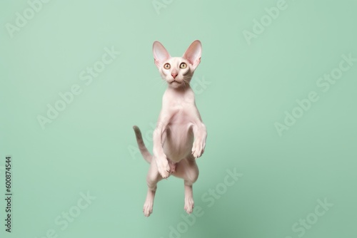 Lifestyle portrait photography of a curious oriental shorthair cat jumping against a pastel or soft colors background. With generative AI technology © Markus Schröder