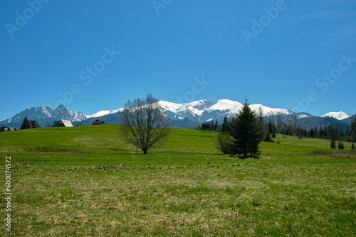Panorama of snowy Tatra mountains in spring, south Poland