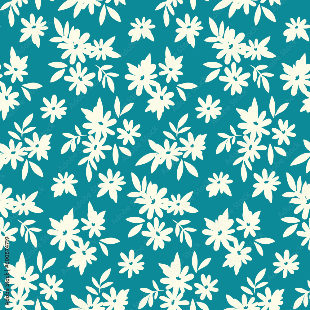 Seamless floral pattern, liberty ditsy print with tiny hand drawn botany. Cute botanical design for fabric, paper: small white flowers, leaves on a blue background. Vector illustration. Seamless floral pattern, liberty ditsy print with tiny hand drawn botany. Cute botanical design for fabric, paper: small white flowers, leaves on a blue background. Vector illustration.