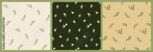 Seamless floral pattern, minimalistic ditsy print in a set. Cute botanical design in natural colors: small flowers, twigs, tiny berries, leaves in an abstract composition. Vector illustration.