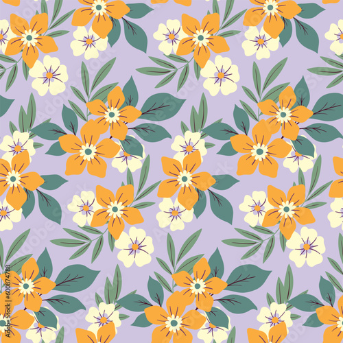 Seamless floral pattern  cute ditsy print with summer botany. Pretty botanical design for fabric  paper  hand drawn plants  small yellow flowers  leaves on a blue background. Vector illustration.