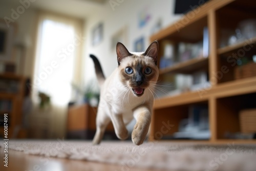 Medium shot portrait photography of a happy siamese cat sprinting against a cozy living room background. With generative AI technology