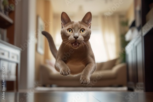 Lifestyle portrait photography of a happy burmese cat wall climbing against a cozy living room background. With generative AI technology