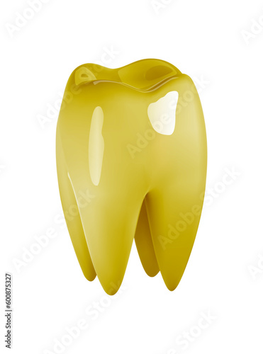 Golden molar tooth with roots as dental clinic logo or implant surgery, prothesis illustration