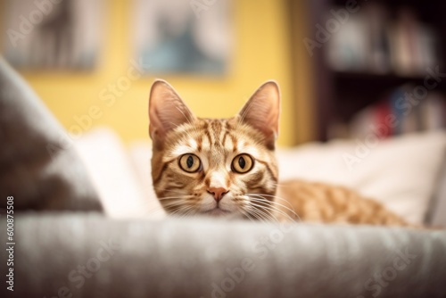 Conceptual portrait photography of a happy manx cat skulking against a cozy living room background. With generative AI technology