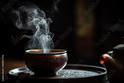 Tea concept with white tea set of cups and teapot with fresh tea on wooden background Generative AI