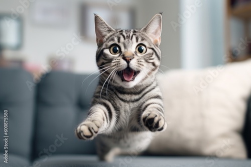 Headshot portrait photography of a smiling american shorthair cat jumping against a cozy living room background. With generative AI technology